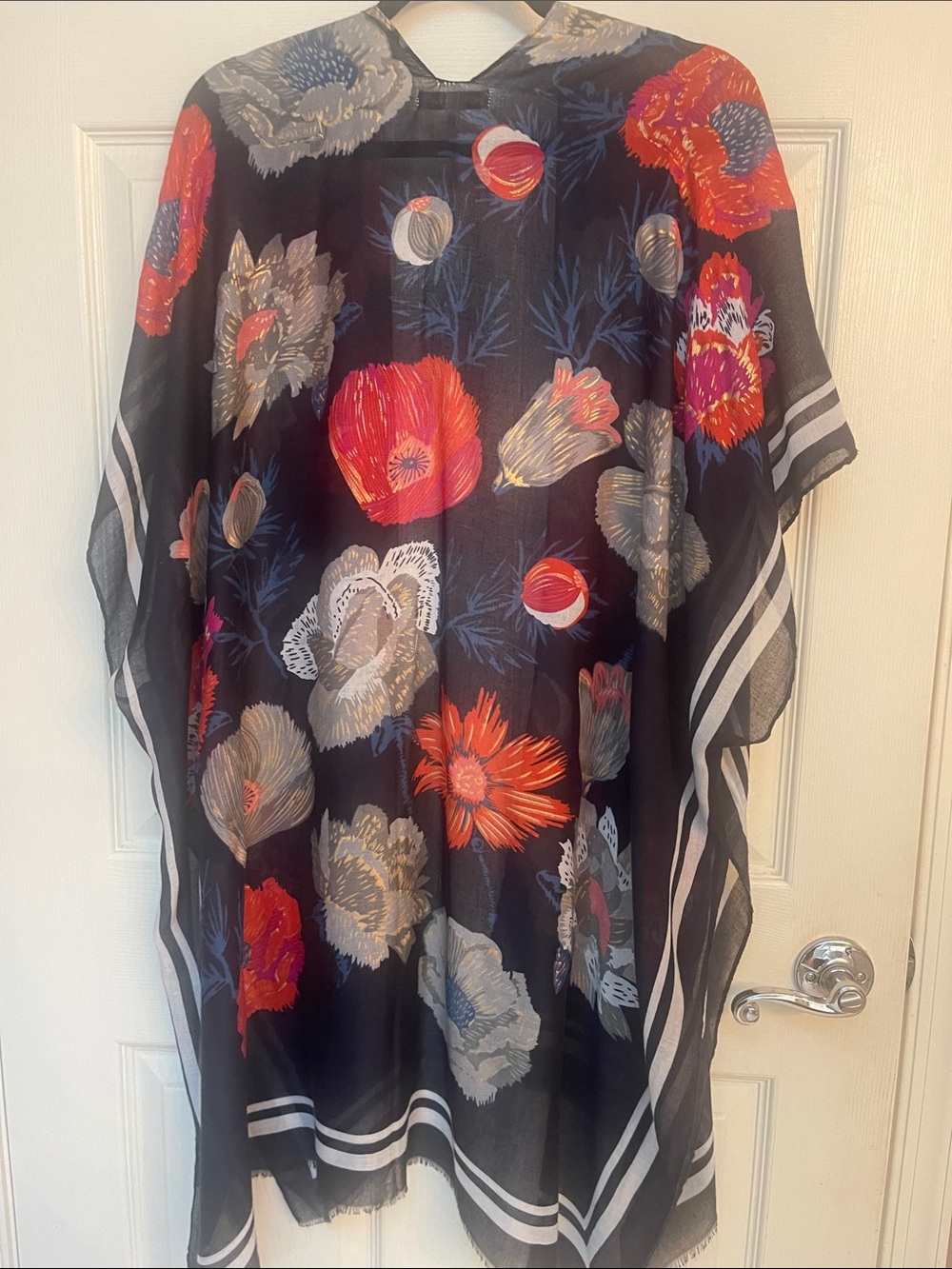 Navy Blue Floral light flowy Kimono with Fuchsia Orange & Gray Blooms NWOT - Picture 4 of 7